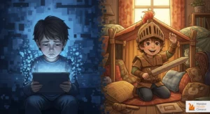 Enfant ennuyé avec une tablette contre enfant heureux jouant avec un casque en carton, illustration des dangers des écrans.