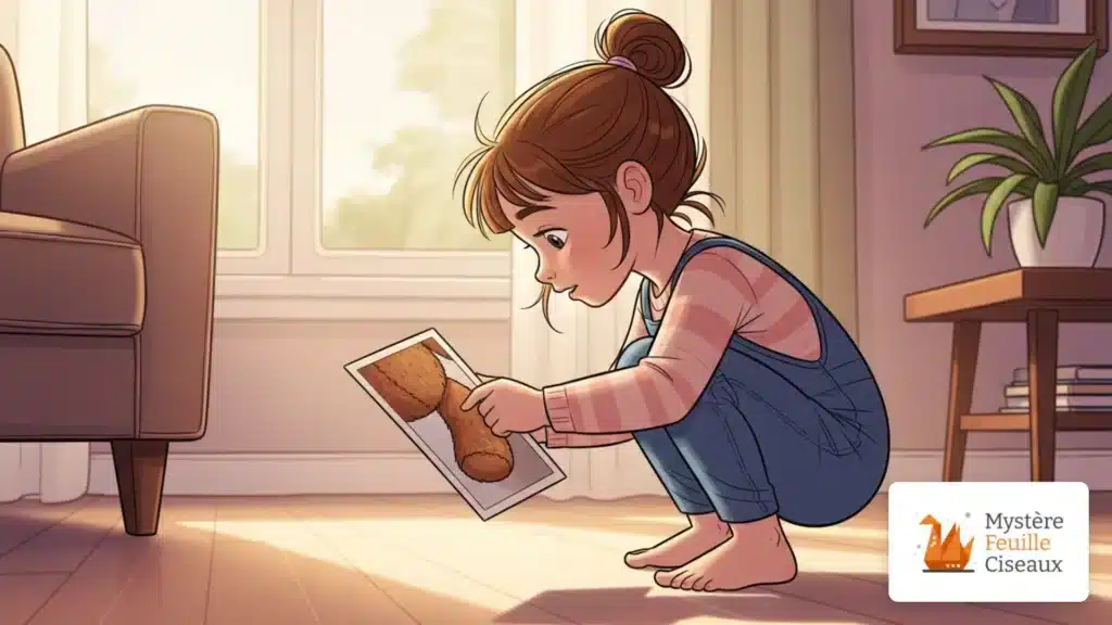 Fillette de 3 ans (curieuse) accroupie examinant la photo de la jambe de son ours en peluche, dans un salon lumineux aux tons pastel.