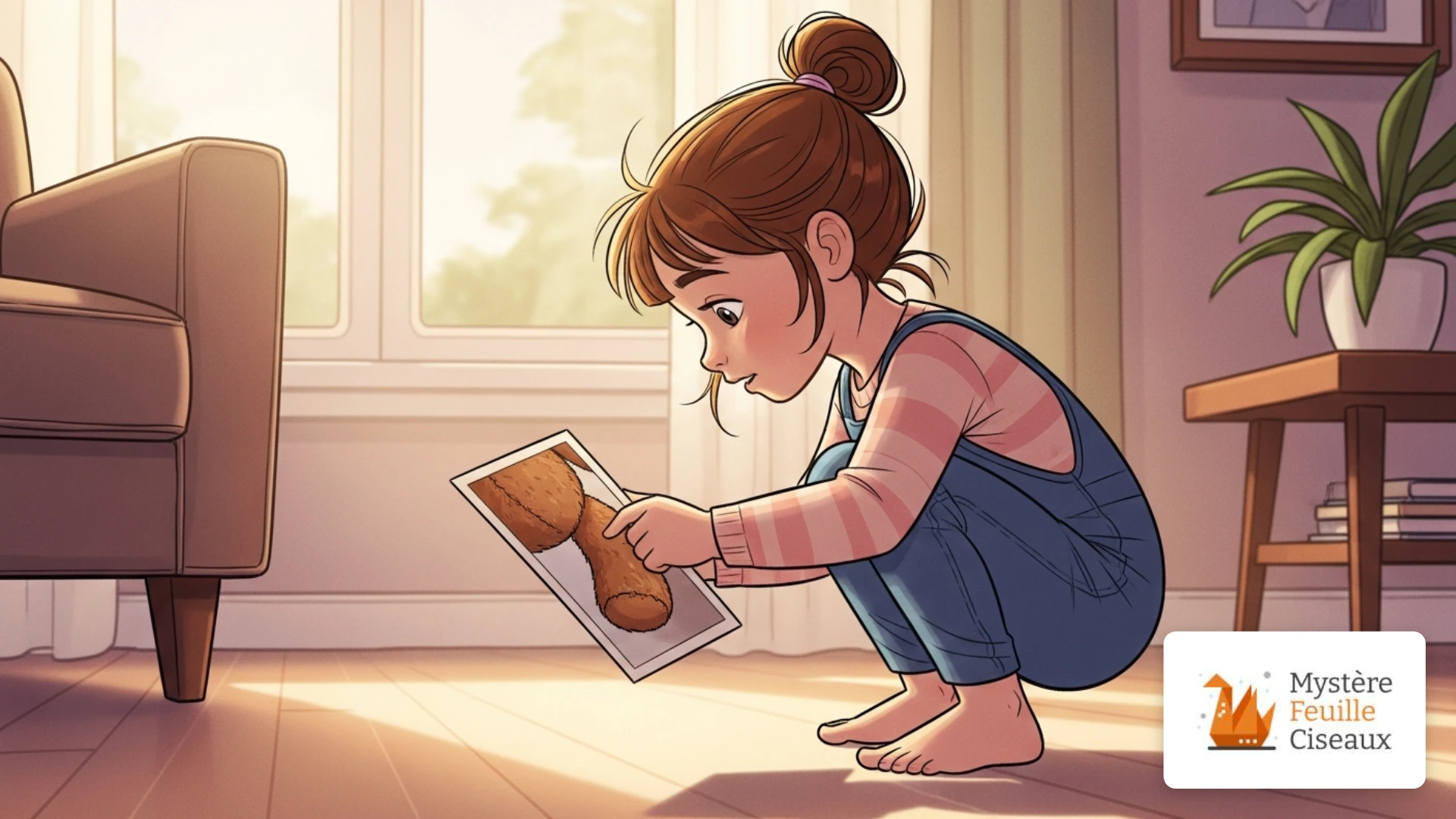 Fillette de 3 ans (curieuse) accroupie examinant la photo de la jambe de son ours en peluche, dans un salon lumineux aux tons pastel.