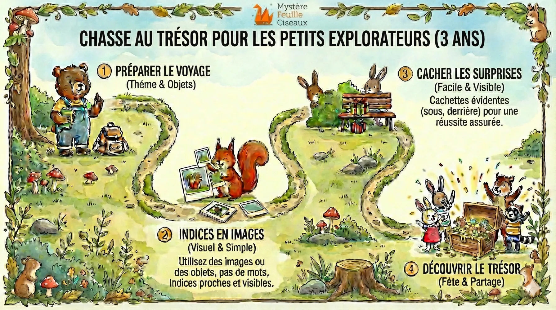 Infographie aquarelle détaillant les 4 étapes pour créer une chasse au trésor simple pour enfants de 3 ans, avec des conseils sur la préparation, l'utilisation d'indices visuels, les cachettes faciles et la découverte du trésor.