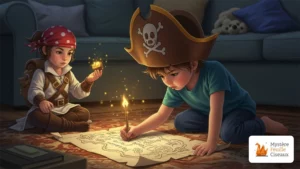 Deux enfants déguisés en pirates tracent un chemin magique sur une carte au trésor lumineuse posée sur un tapis.
