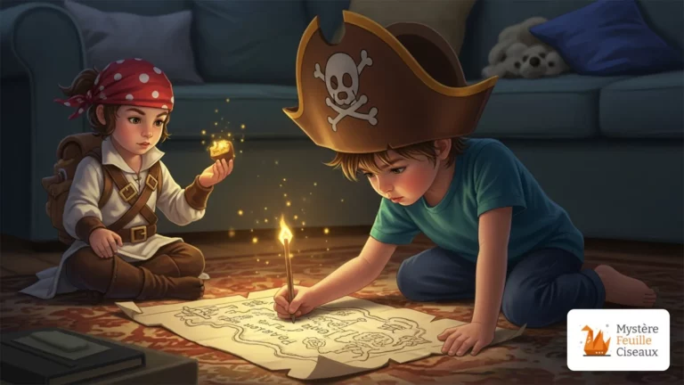 Deux enfants déguisés en pirates tracent un chemin magique sur une carte au trésor lumineuse posée sur un tapis.
