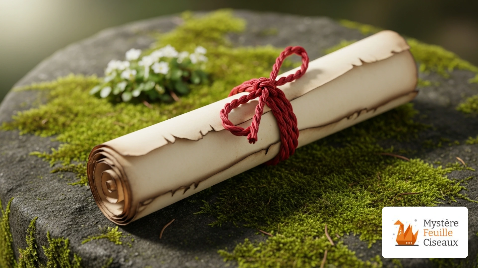 Parchemin enroulé et attaché avec une ficelle rouge posé sur une pierre moussue, illustrant un indice de chasse au trésor.