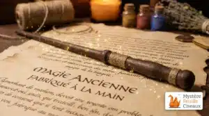 Une baguette magique artisanale posée sur un grimoire avec des étincelles dorées