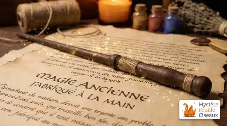 Une baguette magique artisanale posée sur un grimoire avec des étincelles dorées