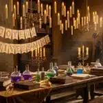 Une décoration anniversaire sorcier immersive avec bougies flottantes et grimoires anciens