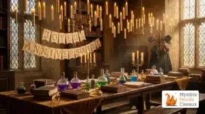 Une décoration anniversaire sorcier immersive avec bougies flottantes et grimoires anciens