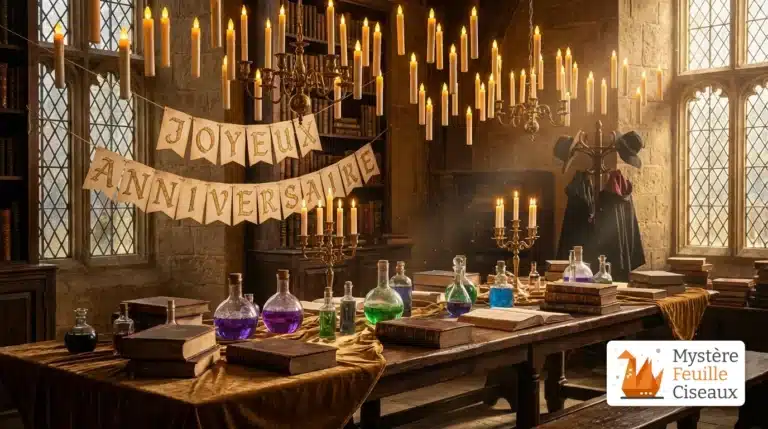 Une décoration anniversaire sorcier immersive avec bougies flottantes et grimoires anciens