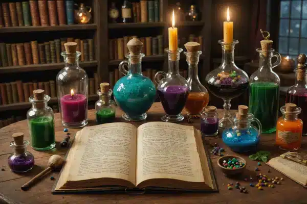 Collection de bouteilles en verre remplies de liquides colorés et pailletés