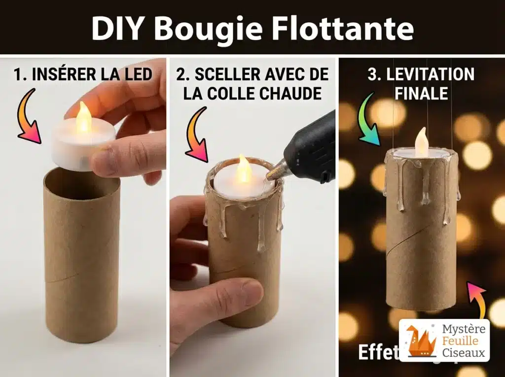 Schéma explicatif pour fabriquer une bougie flottante DIY