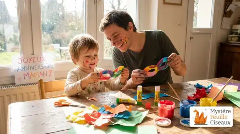 Enfant et parent réalisant une activité maternelle créative à la maison
