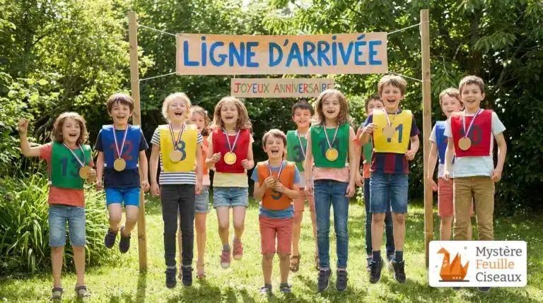 Enfants célébrant une victoire lors d'un anniversaire olympiade dans un jardin