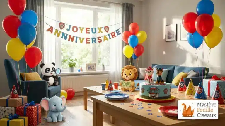 Décoration festive pour un anniversaire Pat' Patrouille avec gâteau et ballons