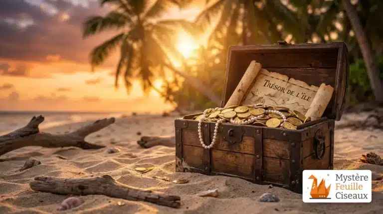 Coffre au trésor pirate rempli de pièces d'or sur une plage paradisiaque