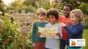 Enfants joyeux organisant un jeu de piste dans un jardin avec une carte