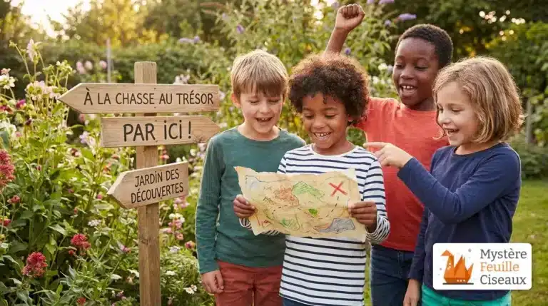 Enfants joyeux organisant un jeu de piste dans un jardin avec une carte