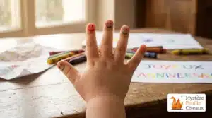 Enfant apprenant le nom des doigts avec des dessins sur les mains