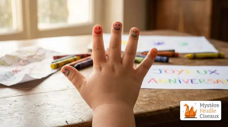 Enfant apprenant le nom des doigts avec des dessins sur les mains