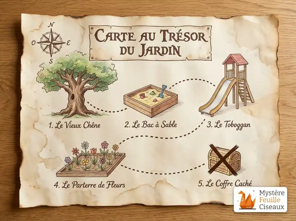 Schéma d'un parcours type pour une chasse au trésor pirate dans un jardin