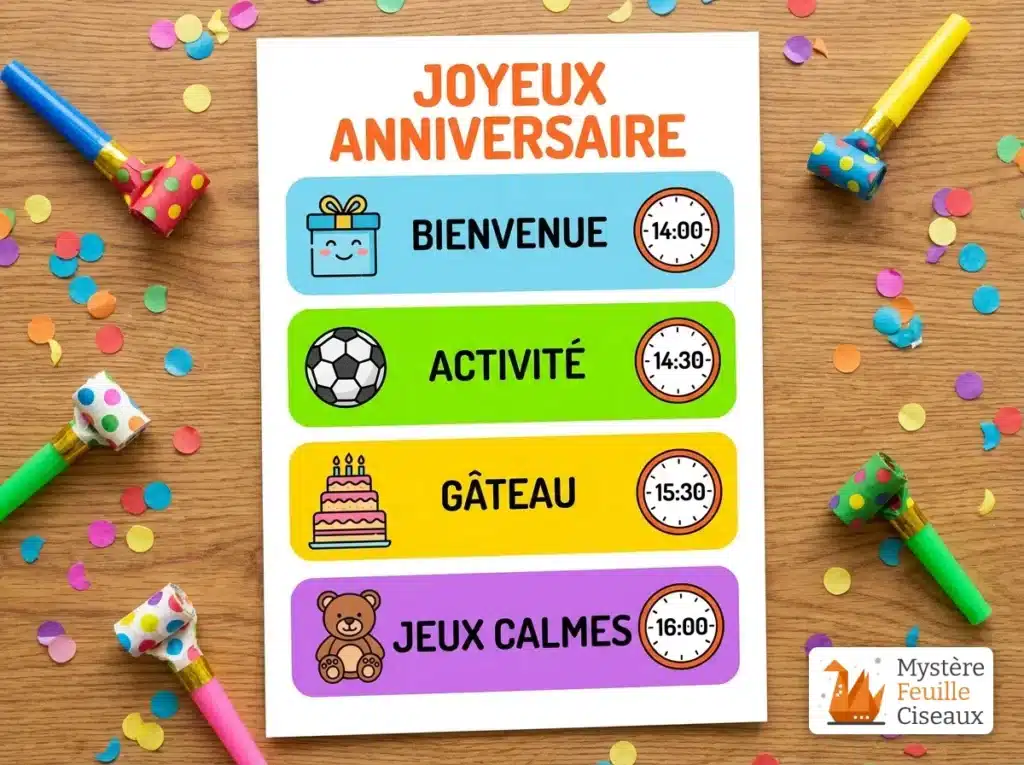 Planning type pour le déroulement d'un anniversaire 5 ans