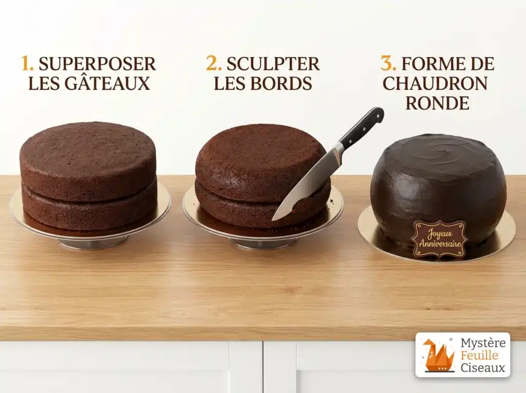 Gâteau d'anniversaire en forme de grimoire de sorcier avec baguette magique et étoiles dorées