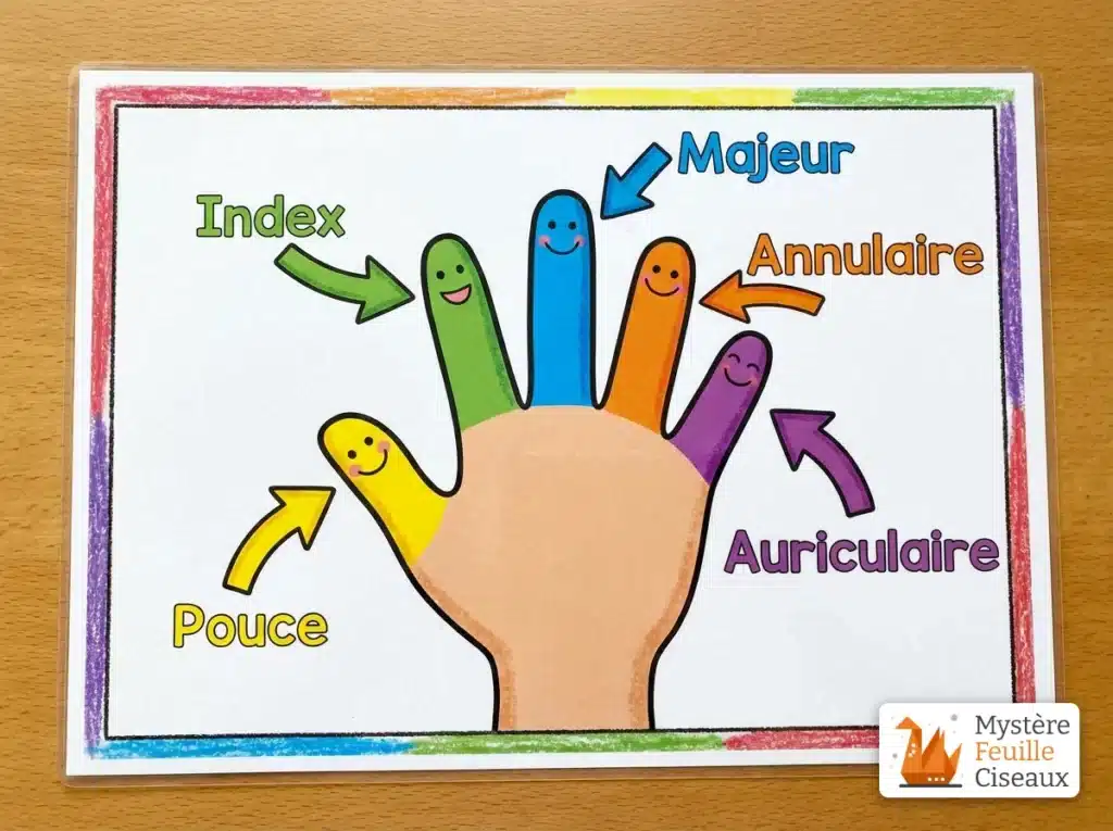 Schema nom des doigts Schéma éducatif montrant le nom des doigts de la main