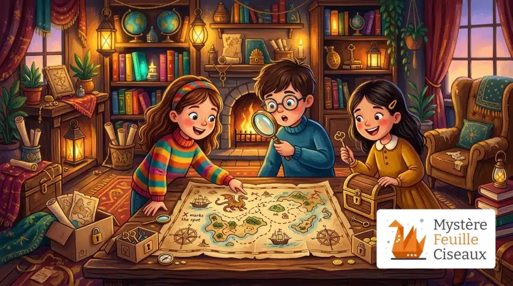 Enfants préparant un escape game maison avec une carte au trésor