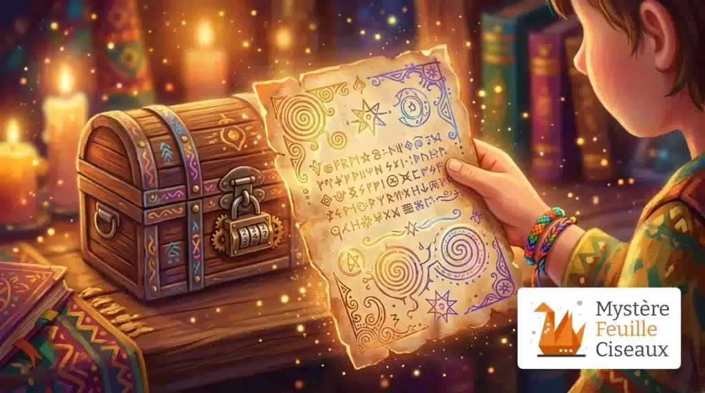 Main d'enfant tenant une énigme codée dans un escape game
