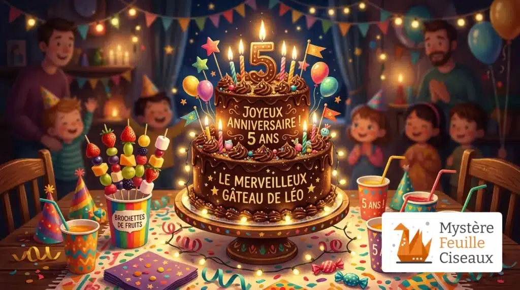 Goûter d'anniversaire avec gâteau au chocolat et fruits