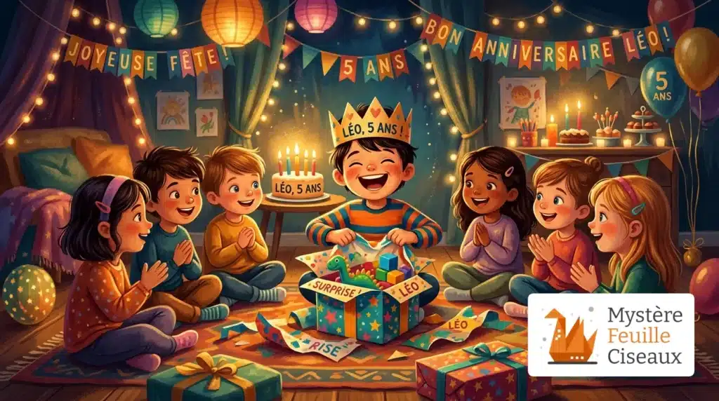 Enfant ouvrant ses cadeaux d'anniversaire avec ses amis