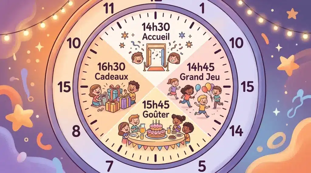 Planning chronologique et organisation du temps pour une fête d'anniversaire d'un enfant de 6 ans