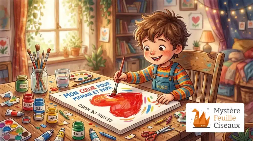Enfant en plein bricolage pour préparer un cadeau de fête des mères
