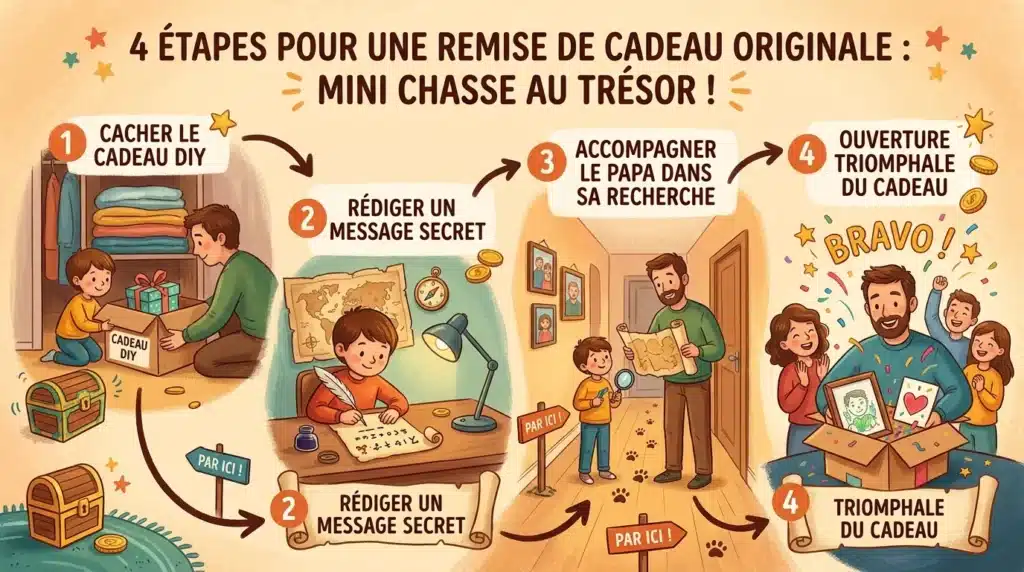 Infographie des étapes d'une chasse au trésor pour offrir le cadeau de fête des pères
