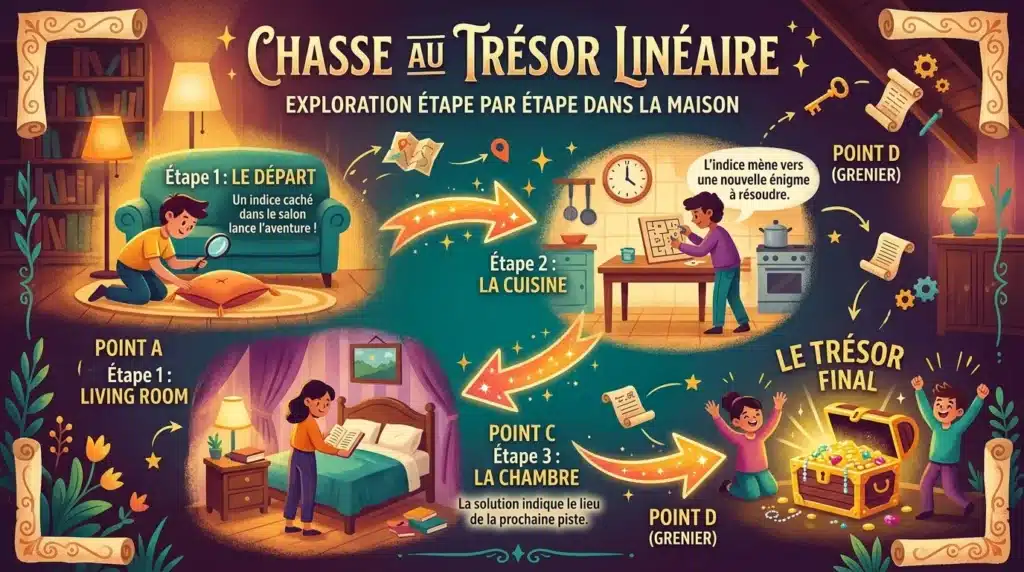 Infographie du fonctionnement d'une chasse au trésor linéaire
