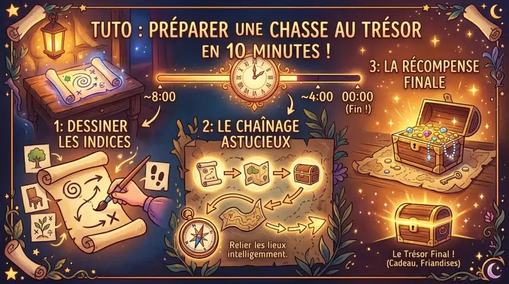 Infographie des 3 étapes chrono pour préparer une chasse au trésor