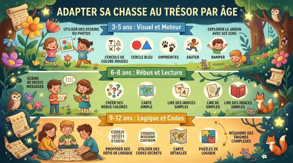 Infographie montrant l'adaptation des indices de chasse au trésor par âge