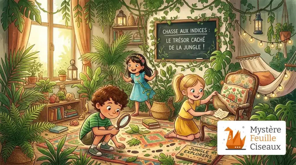 Enfants cherchant des indices lors d'un escape game maison