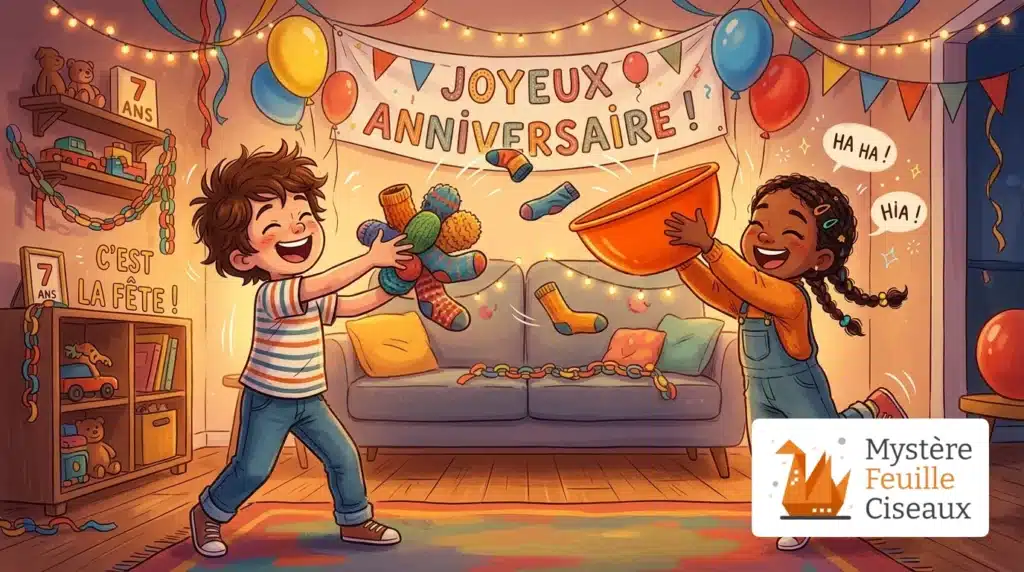 Enfants jouant à la catapulte avec des boules de chaussettes lors d'un anniversaire