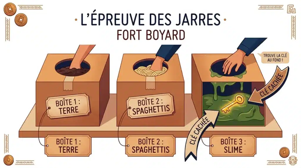 Schéma de l'épreuve des jarres pour un jeu Fort Boyard à la maison avec slime et spaghettis