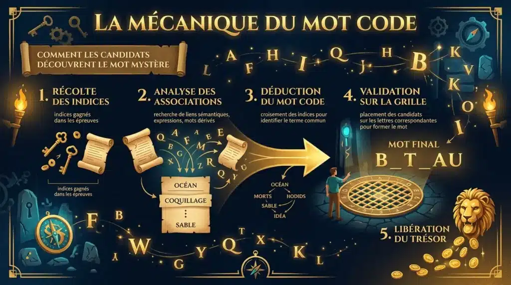 Schéma explicatif de la mécanique du mot code pour ouvrir la salle du trésor