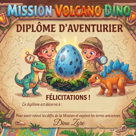 Mission volcano dino_diplome Mission Volcano Dino : Escape game dinosaure (6-8 ans) 🦕