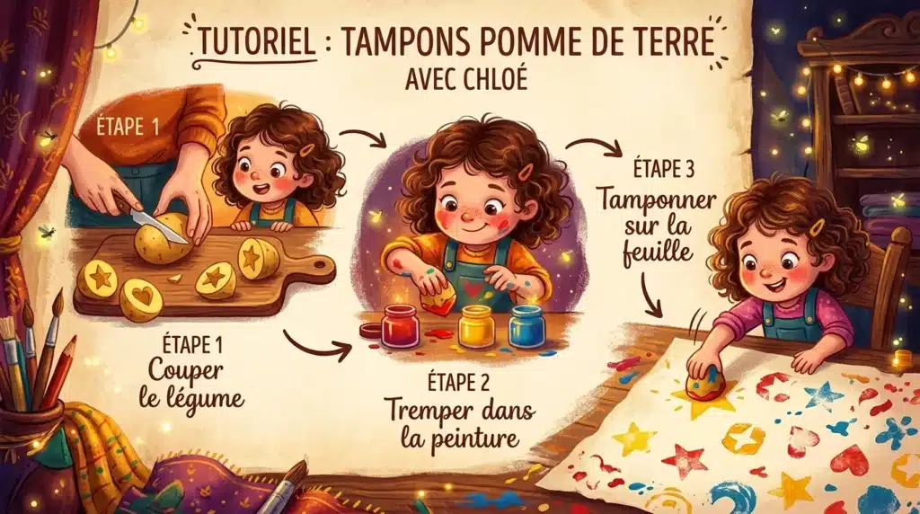 Tutoriel enfant réalisant de la peinture avec des tampons en pomme de terre
