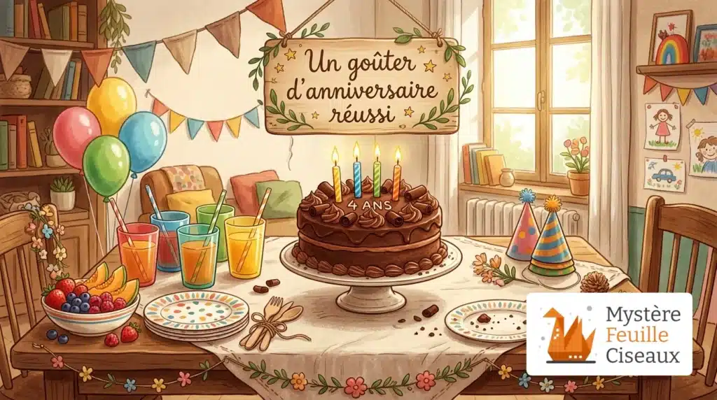 Table de goûter d'anniversaire pour enfant avec gâteau simple et boissons saines