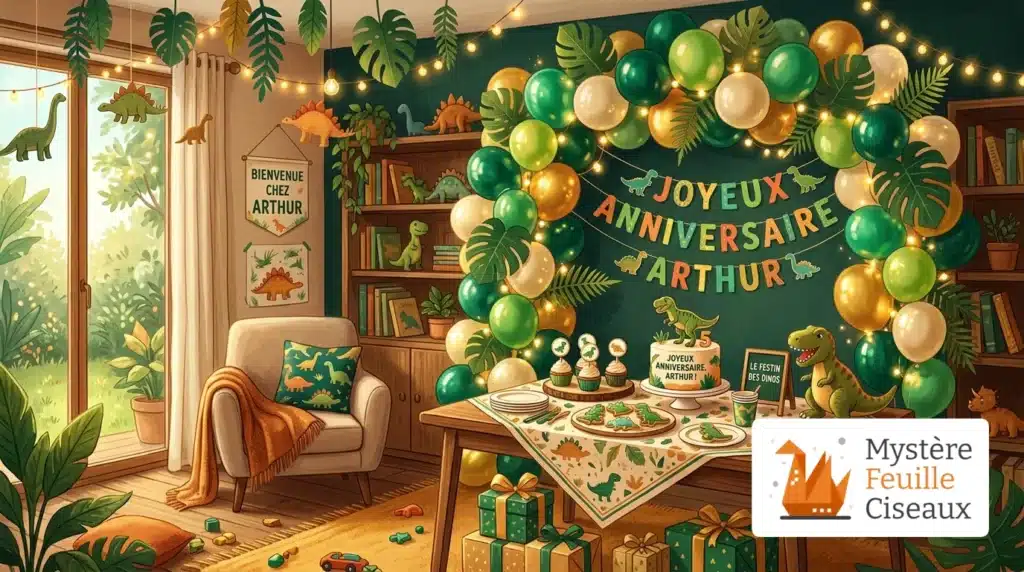 Salon transformé en jungle jurassique pour un anniversaire dinosaure avec décoration fait maison