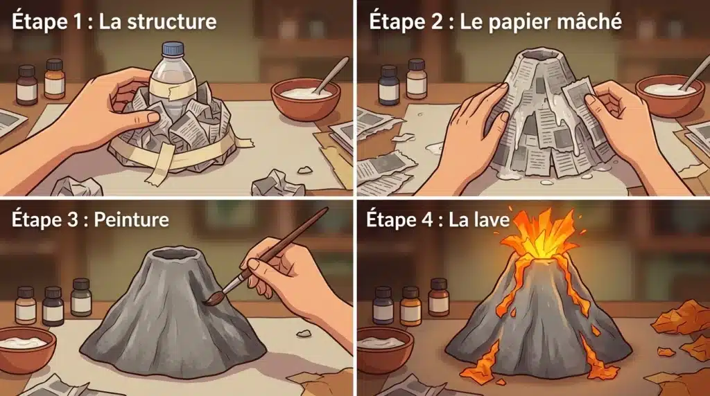 Tutoriel infographie pour fabriquer un volcan en papier mâché DIY