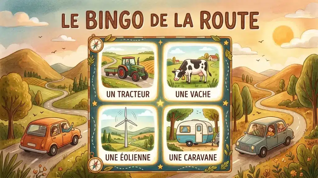 Grille de bingo de la route pour enfants avec tracteur, vache, éolienne et caravane