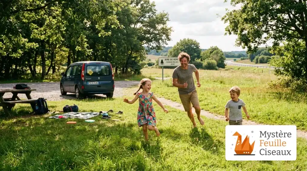 Enfants courant sur une aire de repos pendant la pause trajet voiture