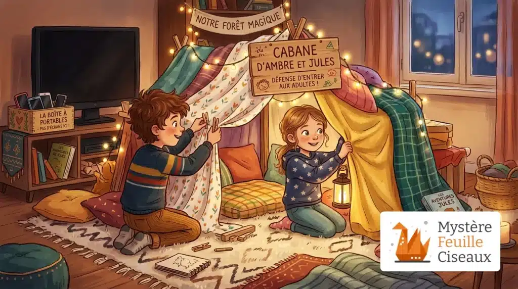 Enfants jouant ensemble sans écran lors d'une soirée pyjama créative