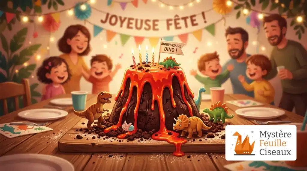 Gâteau d'anniversaire volcan dinosaure avec de la lave en glaçage rouge