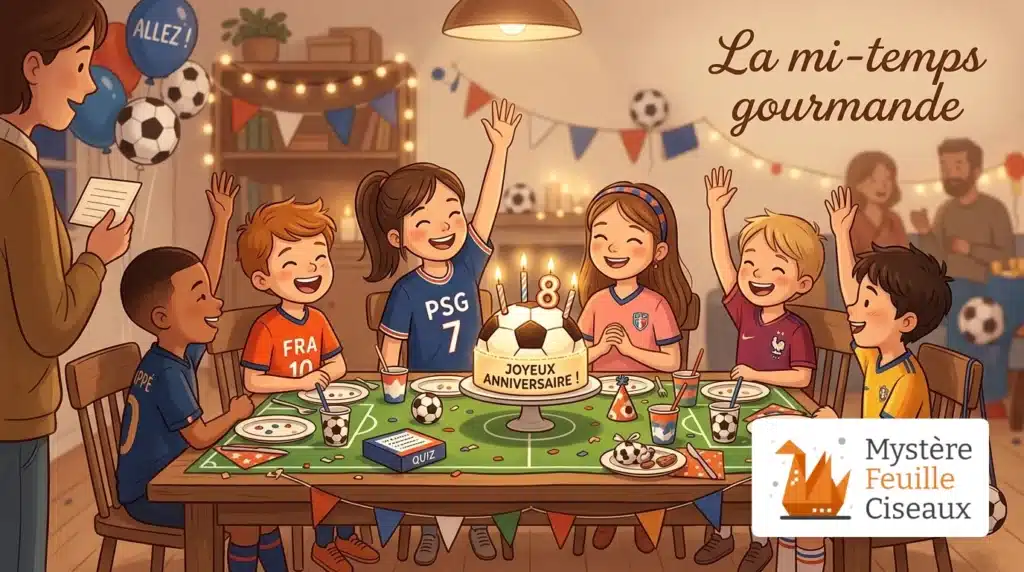 Enfants répondant à un quiz football autour d'un gâteau d'anniversaire